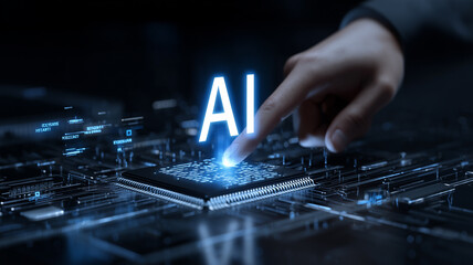 Finger activating an AI processor, signaling adoption of machine learning, scalable automation, and human guided technology for real business outcomes.
