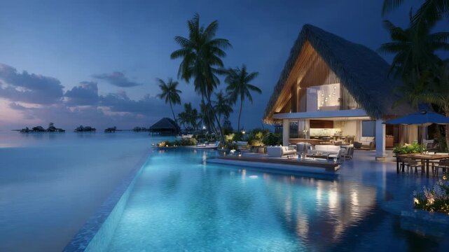 Luxury tropical resort with infinity pool at dusk, overwater bungalows in the distance
