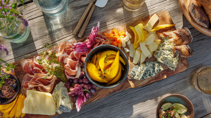 Charcuterie board with cheese, prosciutto, and appetizers outdoors