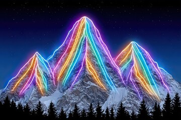 Glowing neon rainbows cascade down snow-capped mountain peaks