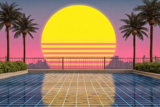 Retro pool with sun, palm trees and city backdrop