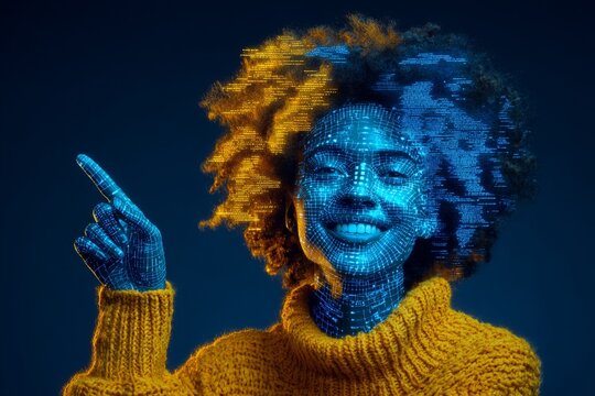 Warm smiles in vibrant yellows: an invitation to explore. Data insights. Joyful woman highlights promo with a warm gesture against blue backdrop. Kpi tracking. Risk assessment.