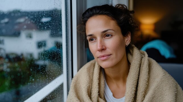 A woman wrapped in a cozy blanket gazes thoughtfully out of a window, capturing a serene moment as raindrops fall, evoking feelings of calm and introspection. - Powered by Adobe