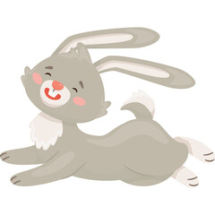 Cute Gray Cartoon Rabbit Leaping Joyfully with Eyes Closed and Pink Cheeks on Transparent Background