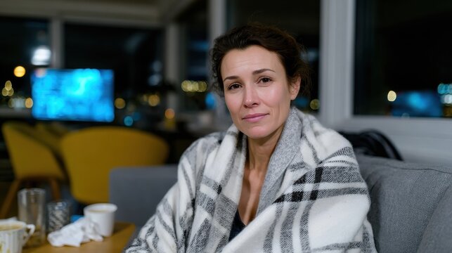 A woman sits wrapped in a plaid blanket with tissues nearby, conveying a sense of vulnerability and introspection during a cozy evening spent reflecting on thoughts and feelings.