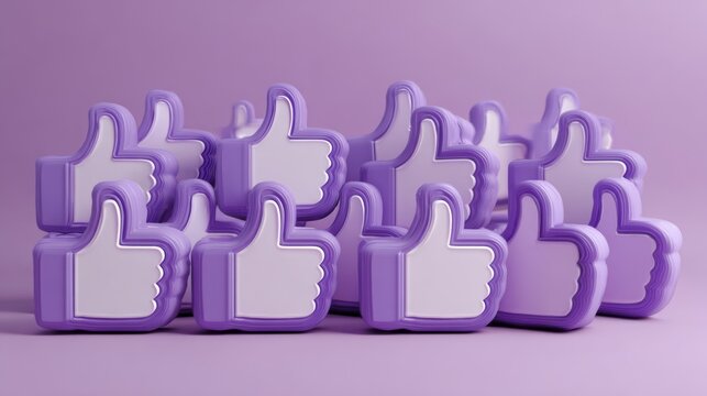 Creative display of purple thumbs up symbols arranged on a soft purple background for social media engagement themes