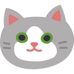 Cute Grey Cat Face With Green Eyes Pink Nose And White Chest Against A Transparent Background Simple Illustration