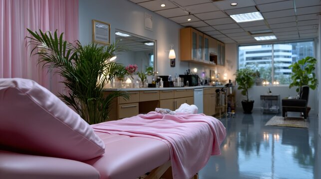 A serene and beautifully arranged spa treatment room featuring soft colors, plants, and a comforting atmosphere designed for relaxation and personal care.