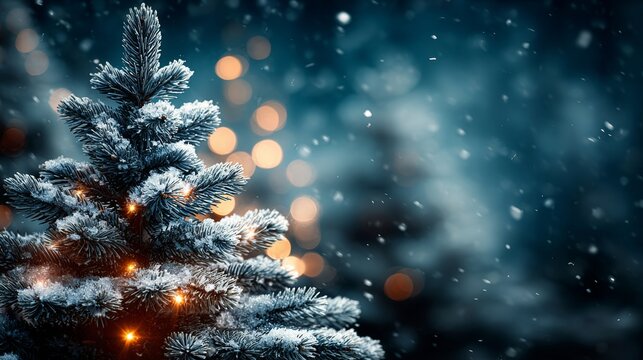 Festive serenity: a glowing tree in a peaceful winter scene. Elegant presentation. Enhanced snowy christmas tree with soft light bokeh and snow fall. Chic appearance. High-end fashion.