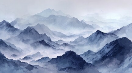 Misty mountain range receding into a soft, layered distance