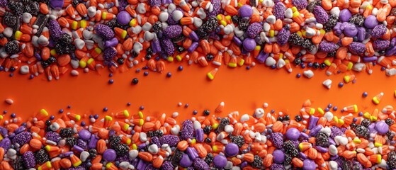 Candy chaos: a top-down tale of halloween sweetness and eerie décor. Dark aesthetic. Vibrant halloween: enriching the scene with colorful candy frames and decor. Creative poster.