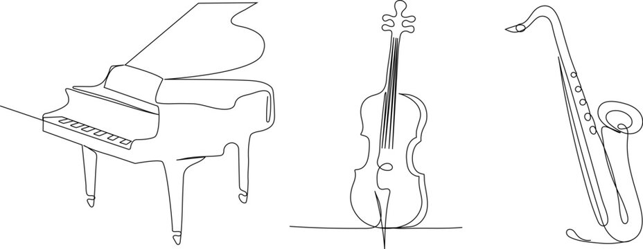 Continuous line drawing of a grand piano, saxophone, and violin. Minimalist music instruments illustration, elegant linear style, simple black outlines on white background, modern artistic design.