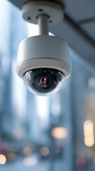 Security camera installed in an urban area monitors street activity on a busy afternoon