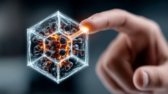 A person's finger touches a glowing, geometric wireframe cube containing a detailed 3D model of a virus. - Powered by Adobe