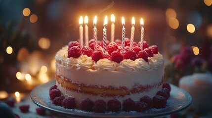 Birthday cake with seven lit candles and fresh raspberries on white frosting against a festive bokeh background.
