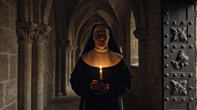 A nun walks along the corridor of the monastery, holding a candle in her hands