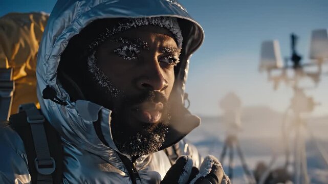 Polar field researcher in a reflective parka conducting climate measurements on an ice‑covered plateau, using tripod‑mounted sensors and weather instruments to monitor extreme cold and atmospheric