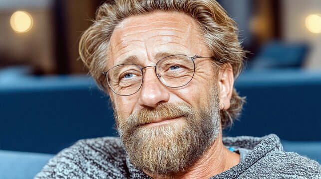 A middle-aged man with blond hair, a beard, and glasses is looking off to the side with a slight smile.