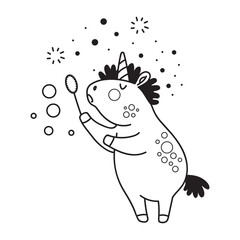 Cute unicorn blowing soap bubbles coloring vector illustration