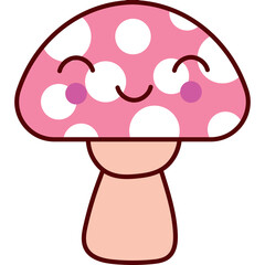 Cute Pink Cartoon Mushroom With White Polka Dots And Happy Face With Rosy Cheeks Simple Flat Design Style