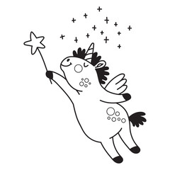 Cute unicorn with magic wand coloring vector illustration
