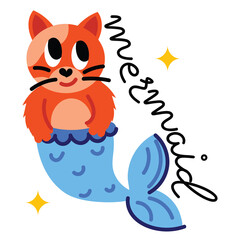 Cute Orange Cat With Blue Mermaid Tail And Sparkles On Transparent Background