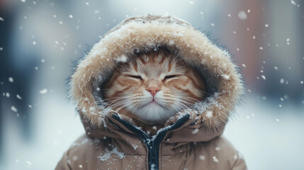 Cat in a winter coat enjoying the snow in a chilly outdoor setting with snowflakes falling around