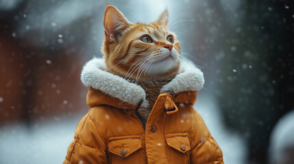 Playful orange cat dressed in a cozy jacket enjoying a snowy day outdoors in a quiet neighborhood