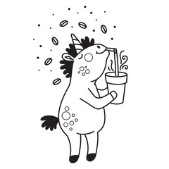 Cute unicorn drinking cup of coffee coloring vector illustration