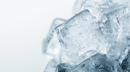 Clear ice cubes stacked closely together in bright light, highlighting their textures and shapes