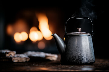 Steam rises from a black kettle beside a warm fireplace on a cozy evening
