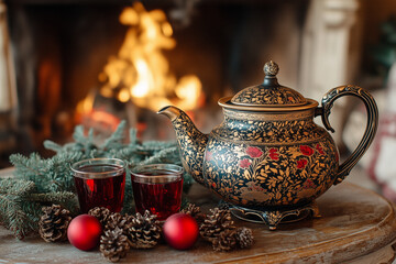 Beautifully crafted teapot with red tea and festive decorations by a cozy fireplace during winter