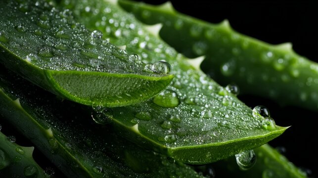 Aloe vera leaves with water droplets glistening in natural light in a dark setting