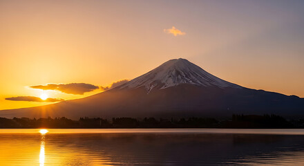 Mount fuji with snow cap reflecting in lake kawaguchiko at golden hour.