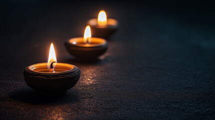 Warm glow of traditional diyas lights up the dark surface during a festive evening celebration