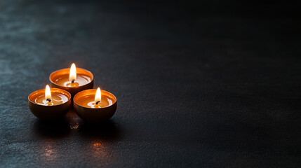 Three candles illuminate a dark background, creating a peaceful and serene atmosphere during a quiet evening