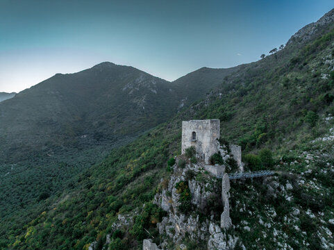 Aerial view of medieval square watch tower Torricella Venafro in Italy
