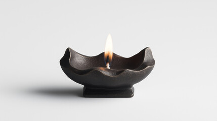 Candle flame flickers in a handmade clay holder on a plain background during a calm and serene moment