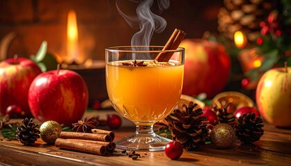Hot Apple Cider with Cinnamon. Christmas Food Close Up