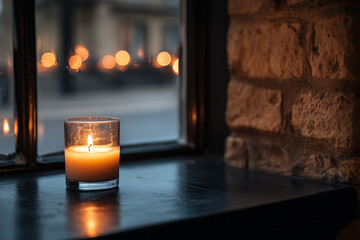 Warm candlelight glows softly against the window as evening shadows dance in a cozy setting