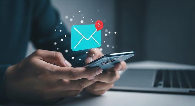 Man is using smartphone with notification of received emails showing three new unread messages, symbolizing digital communication and inbox management.