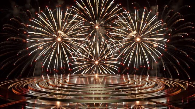 golden fireworks display with metallic platform - festive celebration and product launch | celebration, product launch, event, marketing, anniversary theme