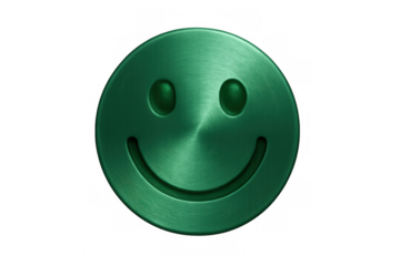 Shiny green metallic smiley face icon symbolizing joy and positive emotions. Represents contentment, reviews, and interaction. Has a clear backdrop