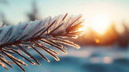 Frost-covered pine branch glimmers in the morning sunlight at winter dawn in a tranquil forest setting