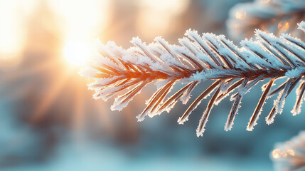 Frost-covered pine branch glimmers in morning sunlight during a chilly winter day