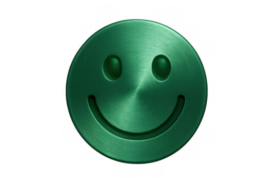 Shiny green metallic smiley face icon symbolizing joy and positive emotions. Represents contentment, reviews, and interaction. Has a clear backdrop