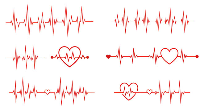 A set of vector heartbeats in red, showing the electrical activity of the heart with variations including heart shapes, representing health and medicine concepts.