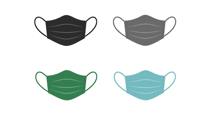 A set of four colorful medical face masks in a modern flat design style, isolated on a clean white background for health and safety concepts.