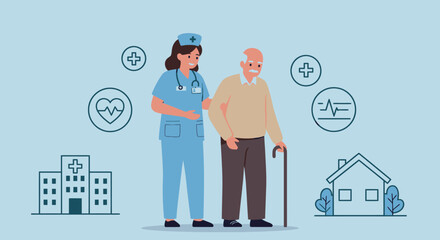 A compassionate nurse assists an elderly man with a cane, showcasing healthcare and support in a vector illustration against a soft blue background.
