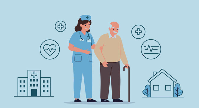 A compassionate nurse assists an elderly man with a cane, showcasing healthcare and support in a vector illustration against a soft blue background.